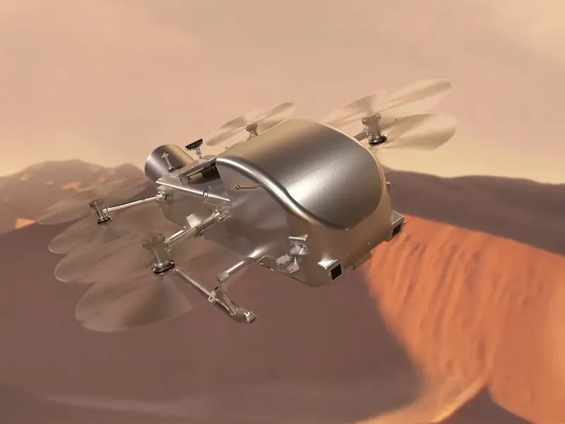 Artist’s impression of a drone-like lander with eight rotors flying over Titan’s orange dunes