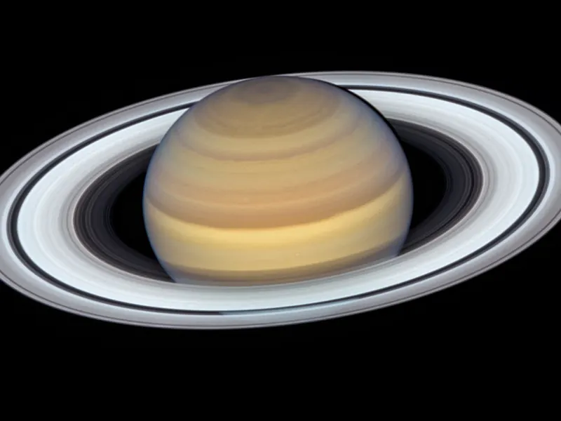Saturn: a pale gold striped ball with its wide rings tilted towards us