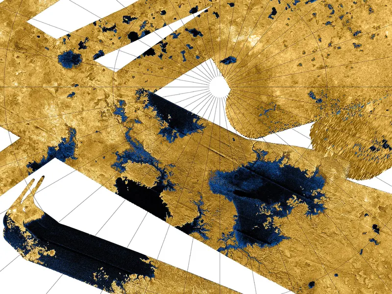 A radar map in false colour: dark blue lakes and seas scattered across yellow ground